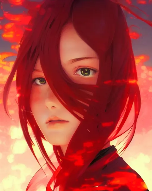 Image similar to beautiful anime girl, lake, red, flames everywhere, highly detailed, digital painting, artstation, concept art, smooth, sharp focus, illustration, art by artgerm and greg rutkowski and alphonse mucha