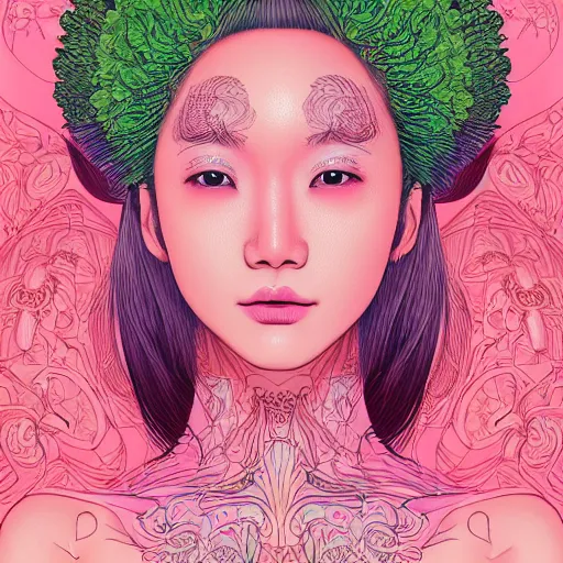 Image similar to the portrait of an unbelievably beautiful, elegant, and sophicated young asian instagram model partially made of broccoli, an ultrafine detailed illustration by james jean, intricate linework, bright colors, final fantasy, behance contest winner, vanitas, angular, altermodern, unreal engine 5 highly rendered, global illumination, radiant light, detailed and intricate environment