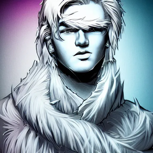 Image similar to man portrait made out of ice, beautiful, cyborg, comic book art, blond hair, neon