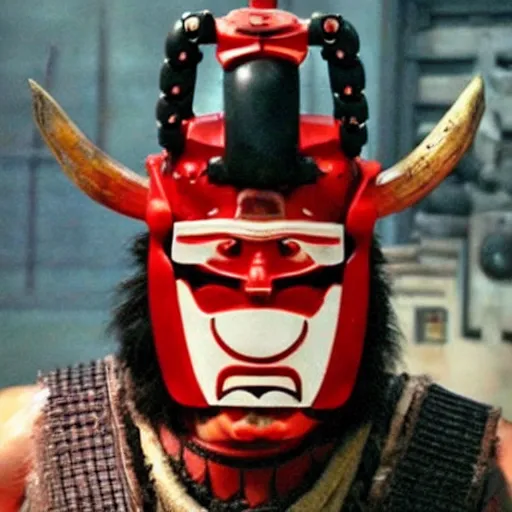 Prompt: fierce big muscular samurai wearing a cybernetic oni mask, amazing accurate movie still