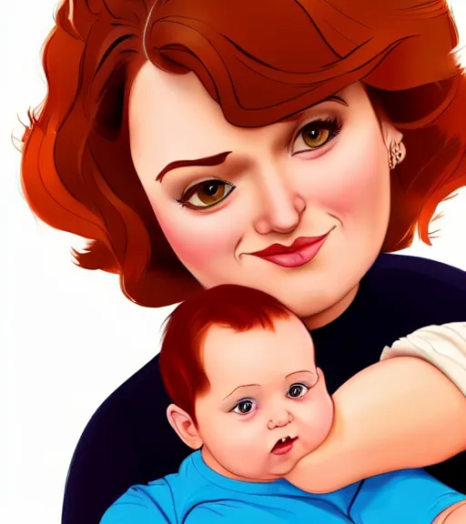 Image similar to a mother with short shoulder length auburn hair, short and curvy and a slightly chubby face holding her infant son with short brown hair full color digital illustration in the style of don bluth, artgerm, artstation trending, 4 k