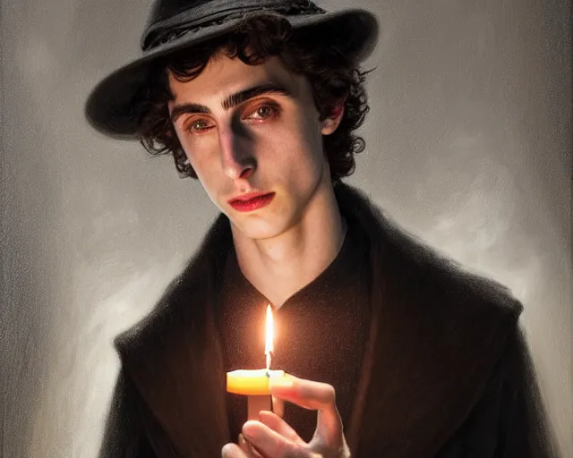 Image similar to a mind - blowing portrait of fortune seeker timothee chalamet, holding a candle holder, wearing dark maritime clothing, long night cap, deep focus, d & d, fantasy, intricate, elegant, highly detailed, digital painting, artstation, concept art, matte, sharp, illustration, hearthstone, art by artgerm and greg rutkowski and alphonse mucha