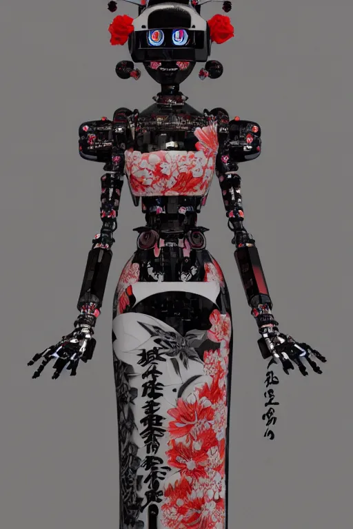 Image similar to full body portrait of a gothic japanese robot geisha with kanji tattoos and decals wearing a digital pixelated kimono, intricate design, photorealistic, octane render, raytraced, ultra fine detailed, character design, trending on artstation