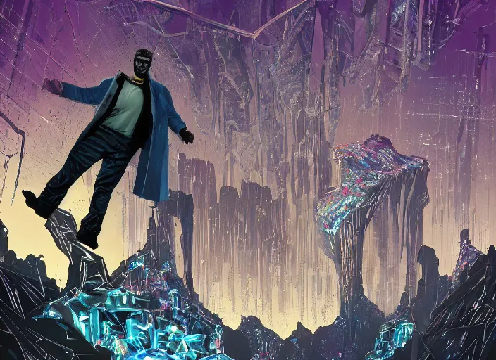 Image similar to comic book art of a [ man ] in trenchcoat with ( glowing ) [ gloves ] and [ boots ] crossing a [ old ] bridge in a [ jungle ] looking up at a [ mountain ] made of crystalized rock, a [ glowing tower ] extends into the sky, low angle, artstation illustration, elegant, arcane by tim doyle