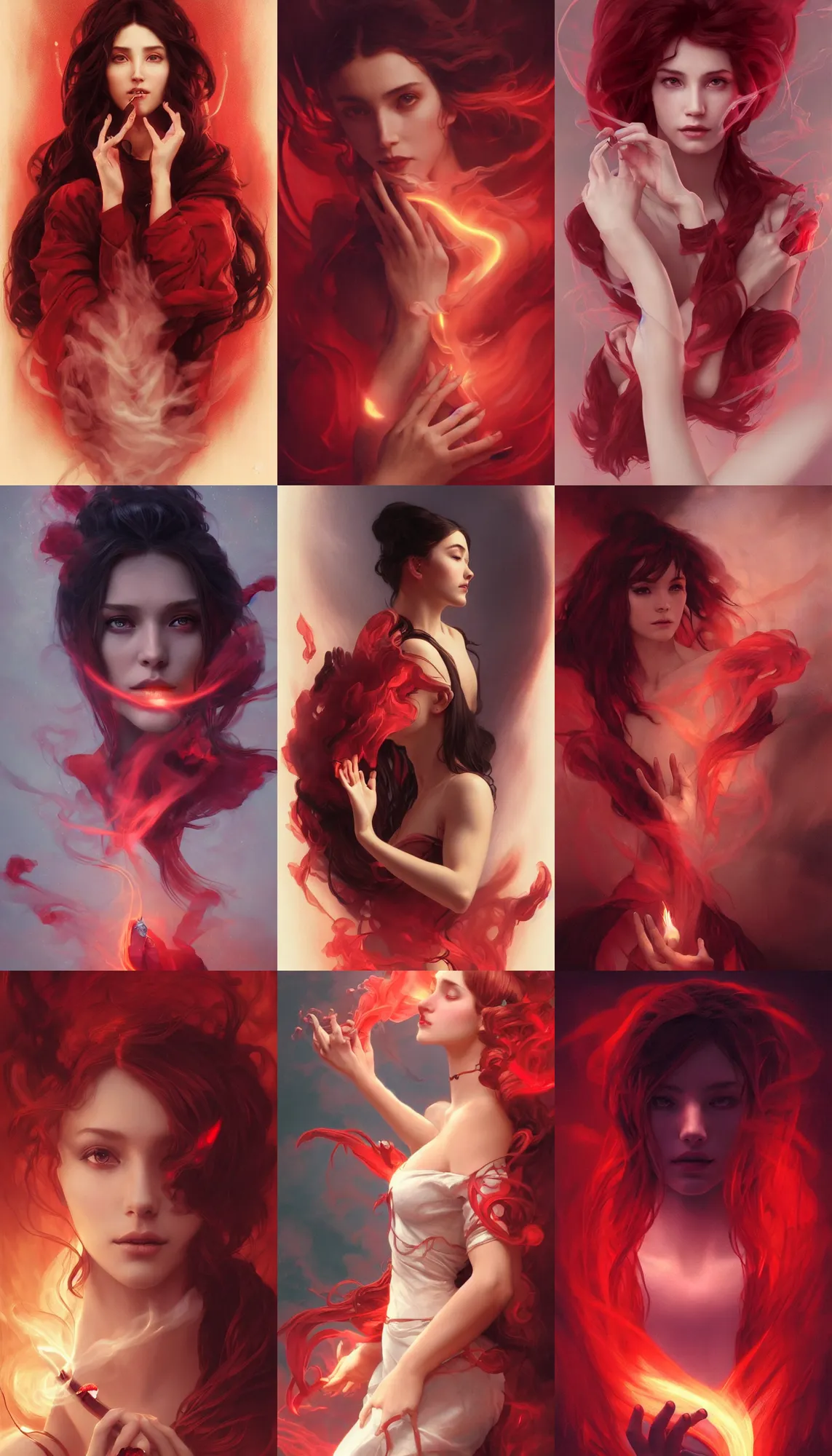 Prompt: feminine shaped wisp of smoke, emerging from a deep red glowing abyss, hyperrealistic, octane render, cinematic, beautiful face and flawless skin, perfect hands, 5 fingers, art by artgerm and greg rutkowski and alphonse mucha