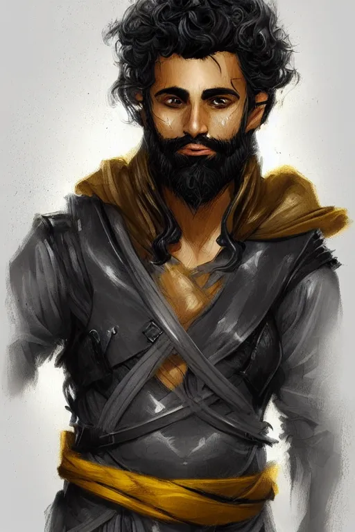 Prompt: Arab man light beard, curly hair, swordsman, modern, hero, leather , yellow and charcoal, character concept art, costume design, trending on artstation, Artgerm , WLOP