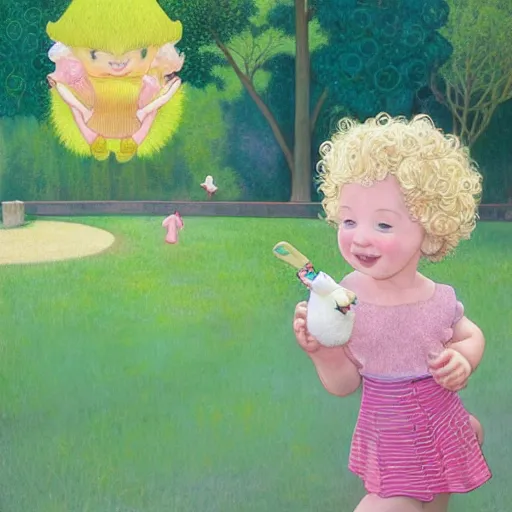 Image similar to a beautiful happy little blonde toddler girl with short curly hair at the park on a beautiful day in the shade, holding a round all-pink stuffed penguin, by Dan Mumford, Junji Murakami, Mucha Klimt, Hiroshi Yoshida and Craig Mullins, featured on Artstation, CGSociety, Behance HD, Deviantart