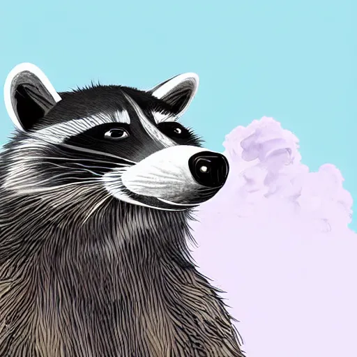 Image similar to huge stoned racoon sitting on a mountain smoking clouds, digital art