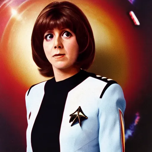 Image similar to a full body photograph of 1 9 7 0 s sarah jane smith from doctor who as a star fleet science officer from star trek next generation, full dress uniform, symmetrical face, extreme realism and detail, 8 k, completely framed, direct lighting, 3 5 mm photo, photorealistic, sharp focus