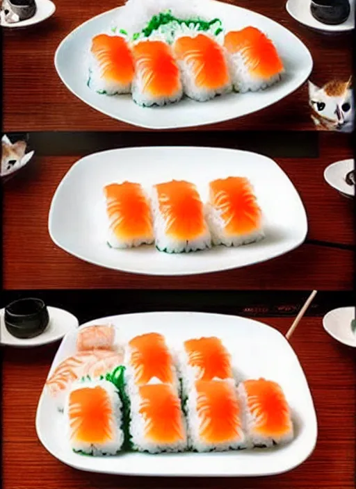 Image similar to clear photorealistic picture of adorable cats made out of sushi. some cats eating the sushi