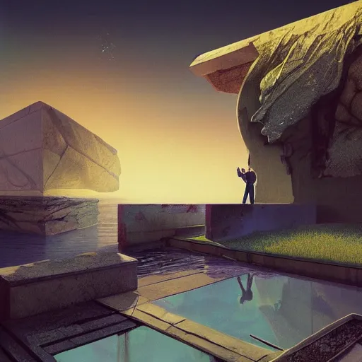 Prompt: Filip Hodas, minimalistic, hyperrealistic surrealism, award winning masterpiece with incredible details, epic stunning, infinity pool, a surreal vaporwave liminal space, highly detailed, trending on ArtStation, artgerm and greg rutkowski and alphonse mucha, daily deviation, IAMAG, broken giant marble head statue ruins, golden hour