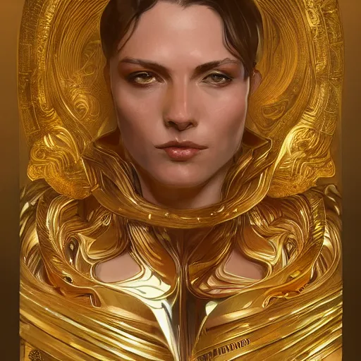 Image similar to Sandman with a gold suit, portrait, intricate, elegant, highly detailed, digital painting, artstation, concept art, smooth, sharp focus, illustration, art by artgerm and greg rutkowski and alphonse mucha