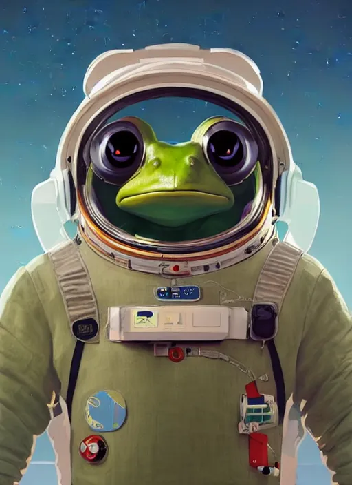 Image similar to a frog 🐸 as a astronaut standing top of the earth 🌎, au naturel, hyper detailed, digital art, trending in artstation, cinematic lighting, studio quality, smooth render, unreal engine 5 rendered, octane rendered, art style by kurzgesagt and nixeu and kim jung gi and greg rutkowski