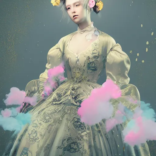 Image similar to 8 k, octane render, realism, tonalism, renaissance, rococo, baroque, portrait of a young - lady wearing long - harajuku manga - dress with flowers! and skulls, background chaotic gold leaf flowers, cotton candy!!