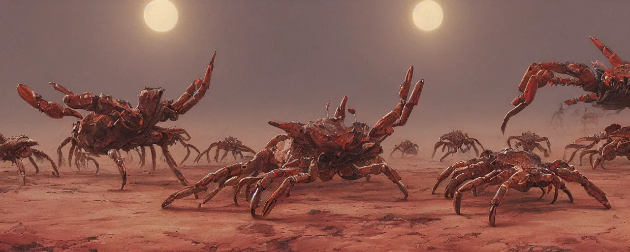 Image similar to a herd of giant crabs running abound on barren desert exoplanet by James Gurney, Beksinski and Alex Gray