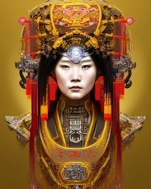 Image similar to portrait of a chinese cyberpunk machine, machine face, upper half portrait, decorated with chinese opera motifs, regal, asian, fine china, wuxia, traditional chinese art intricate intense elegant 京 剧 highly detailed digital painting artstation concept art smooth sharp focus illustration, art by artgerm and greg rutkowski alphonse mucha 8 k