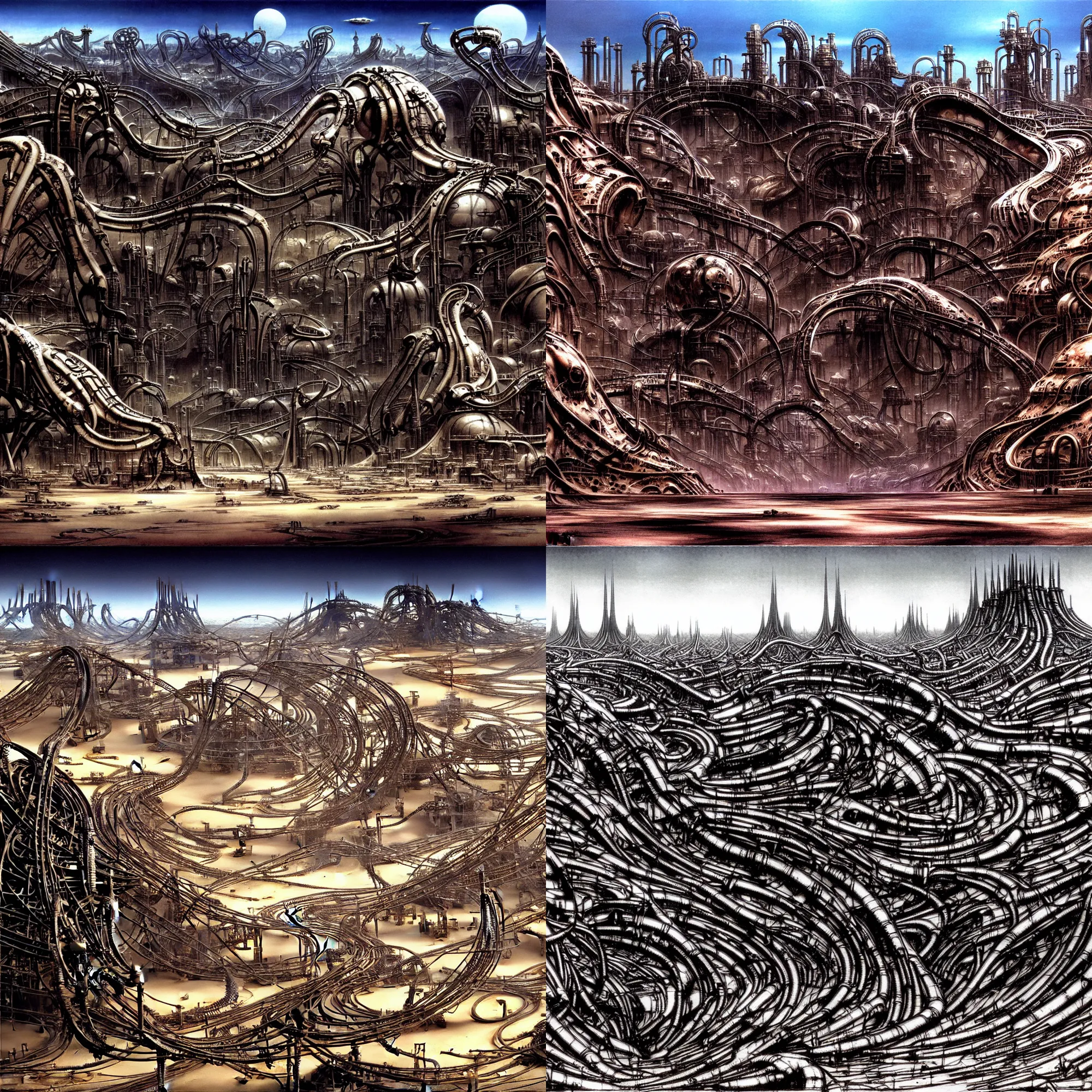 Prompt: industrial city in the desert dune concept art by Yoshitaka Amano and H.R. Giger, featured art, bold, stark composition