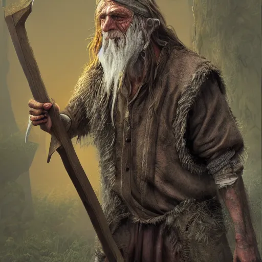 Image similar to realistic a human hobo druid with an axe beak, fantasy book, high detail, 8 k, octane render painting, dark fantasy