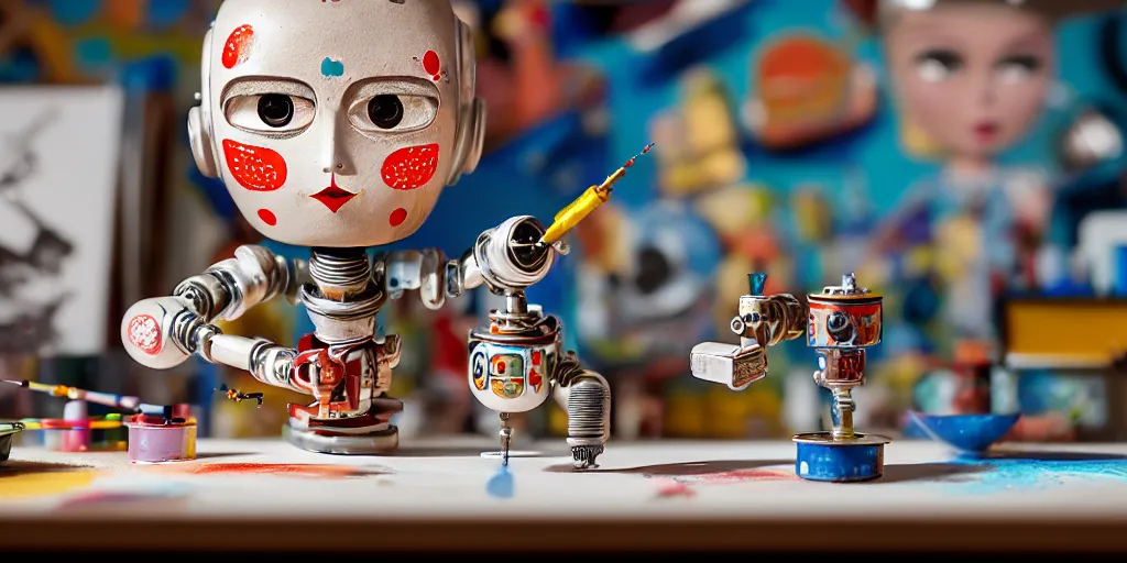 Image similar to closeup portrait of tin toy retro robot painter mixing gouache on white paper table in an artist workshop, depth of field, zeiss lens, detailed, centered, fashion photoshoot, by nicoletta ceccoli, mark ryden, lostfish, breathtaking, 8 k resolution, extremely detailed, beautiful, establishing shot, artistic, hyperrealistic, octane render