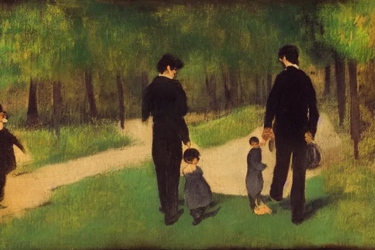 Image similar to a man with dark hair holding the hands of a young boy with dark hair as they walk down a suburban highway on a bright beautiful colorful day. in the style of an edgar degas painting.