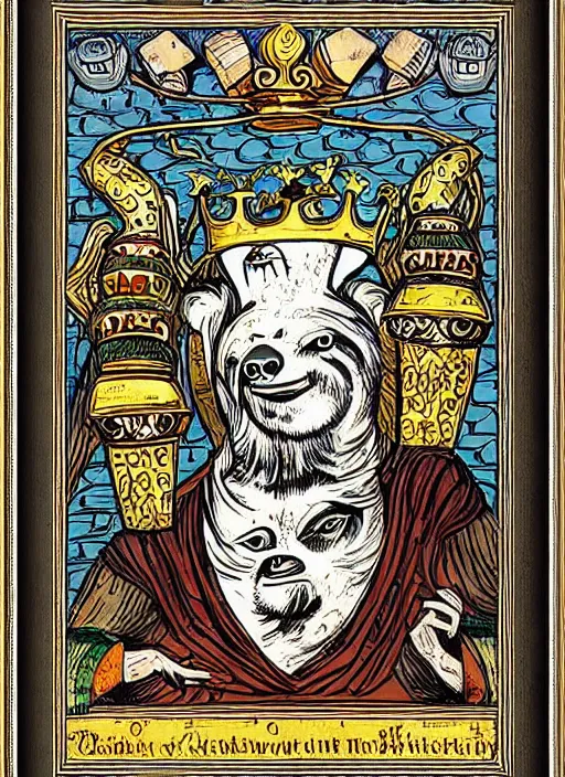 Image similar to sloth as the king of cups, framed, intricate details, medieval art style, high contrast, posterized