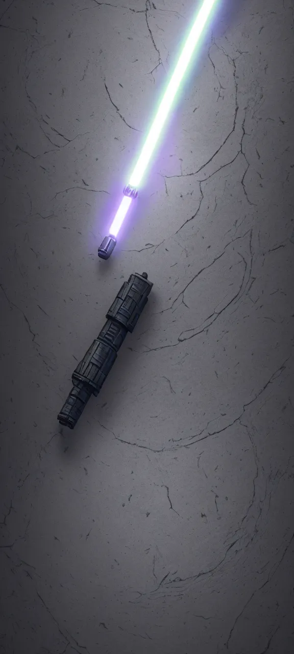 Image similar to ultra - detailed cinematic render, of a lightsaber hilt, that lies vertically on a round carved stone, photo from above, octane render, deviantart, high quality, digital art, 8 k, jedi fallen order teaser, jedi fallen order lightsaber wallpaper 4 k, volumetric lighting