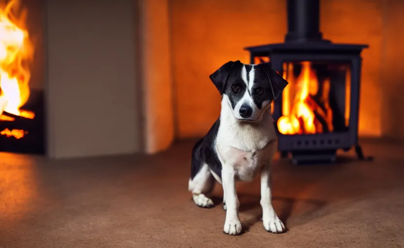 Image similar to studio photography of a dog in front of a fireplace, detailed face, cinematic lighting, 8 k