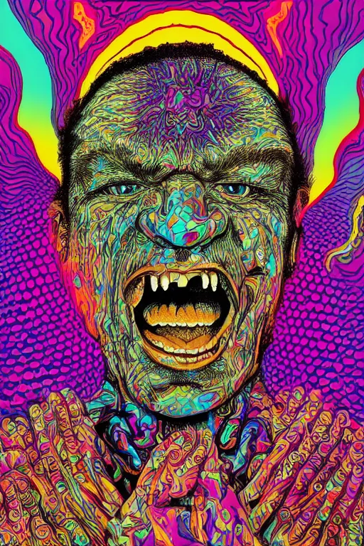 Prompt: a man tries a tab of LSD acid for the first time and hallucinates, by jack kirby, alex grey and dan hillier, colorful flat design, hd, 8k