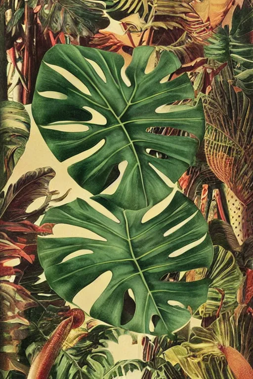 Prompt: vintage magazine advertisement depicting all of the tropical plants in the world, monstera!!!, in focus, sharp, smooth, by marius lewandowski, by ernst haeckel