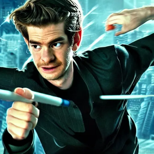 Prompt: A portrait of Andrew Garfield using his Wing Chun skills to defeat a group of baddies. Photo realistic, high detail