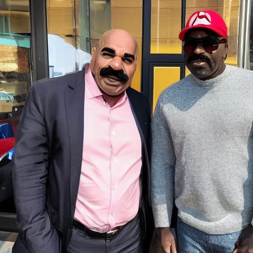 Prompt: Mario standing next to Kirby in sweden while an ominous Steve Harvey head watches