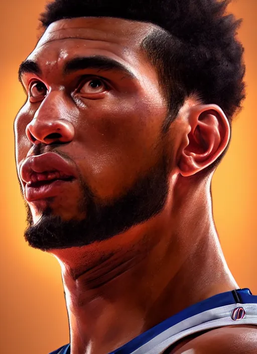 Prompt: a 3 d rendered portrait of an nba basketball player by artist hadi karimi, wlop, artgerm, greg rutkowski, serious expression, dramatic lowkey studio lighting, accurate skin textures, octane renderer, hyperrealism, zbrush, cgsociety, aesthetically pleasing and harmonious natural colors