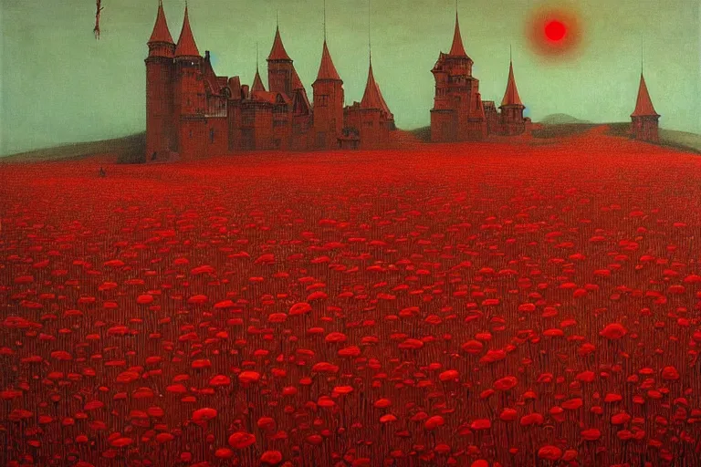 Image similar to only with red, red flowers of different types, a red tiger, a castle in the background, medieval demons dance over the flowers, an ancient path, in the style of beksinski, part by hopper, part by rodcenko, part by hofbauer, intricate composition, red by caravaggio, insanely quality, highly detailed, masterpiece, red light, artstation