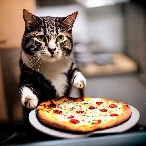 Image similar to studio photograph, a cat taking a pizza out of an oven