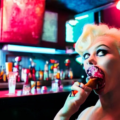 Image similar to marilyn manroe licking a melting ice cream cone sitting in a cyberpunk pub