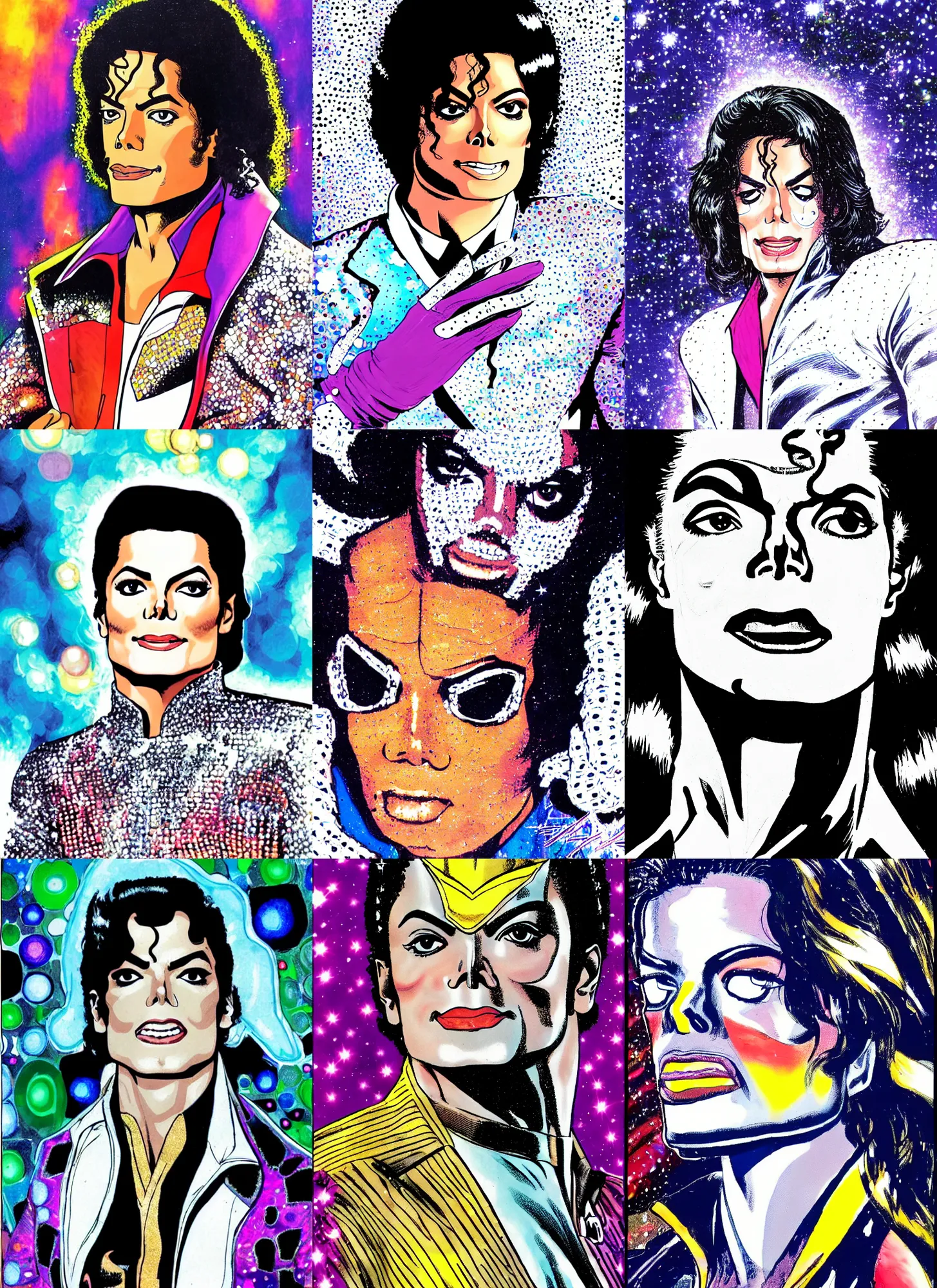 Prompt: dynamic macro head portrait of beautiful! michael jackson super hero in white sequined jacket by jack kirby comic, illustration, photo real