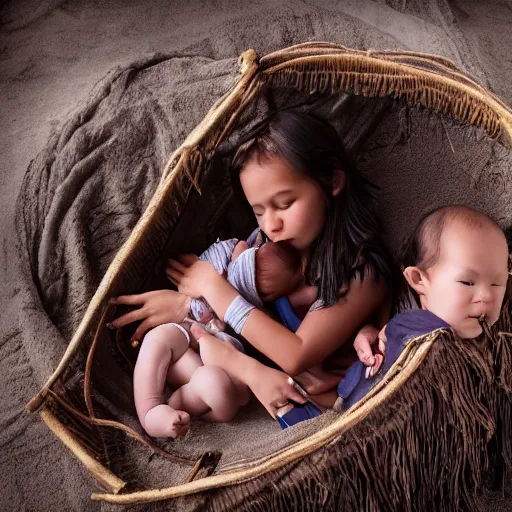 Image similar to Owens Valley Paiute girl and baby in traditional cradle board, unreal 5, hyper realistic, realistic, photo realistic, dynamic lighting, highly detailed, cinematic landscape, studio landscape, studio lighting