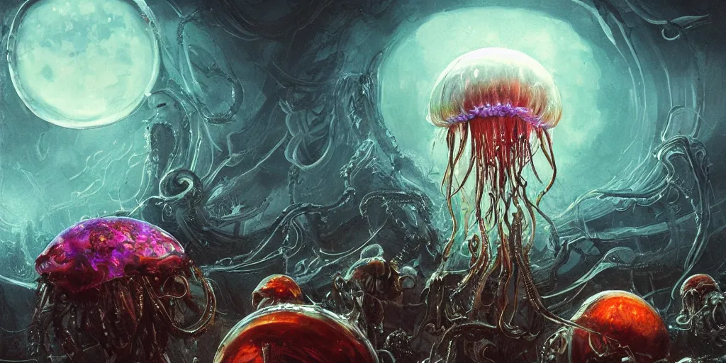 Image similar to concept art of giant translucent glowing jellyfishes, lovecraftian divers helmet, lots of teeth, melting horror, round moon, rich clouds, fighting the horrors of the unknown, mirrors, very detailed, volumetric light, mist, grim, fine art, decaying, textured oil over canvas, epic fantasy art, very colorful, ornate, anato finnstark