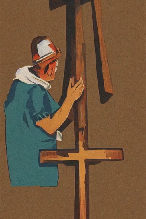 Image similar to man kneeling at the base of a wooden cross, 1960’s advertising art illustration