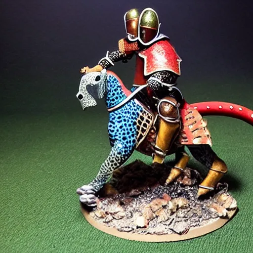 Prompt: A medieval knight riding on a giant leopard gecko, painted wargaming miniature