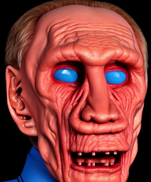 Image similar to hyperrealistic rendering, cronenberg flesh monster vladimir putin by art of skinner and richard corben and jeff easley, product photography, action figure, sofubi, studio lighting, colored gels