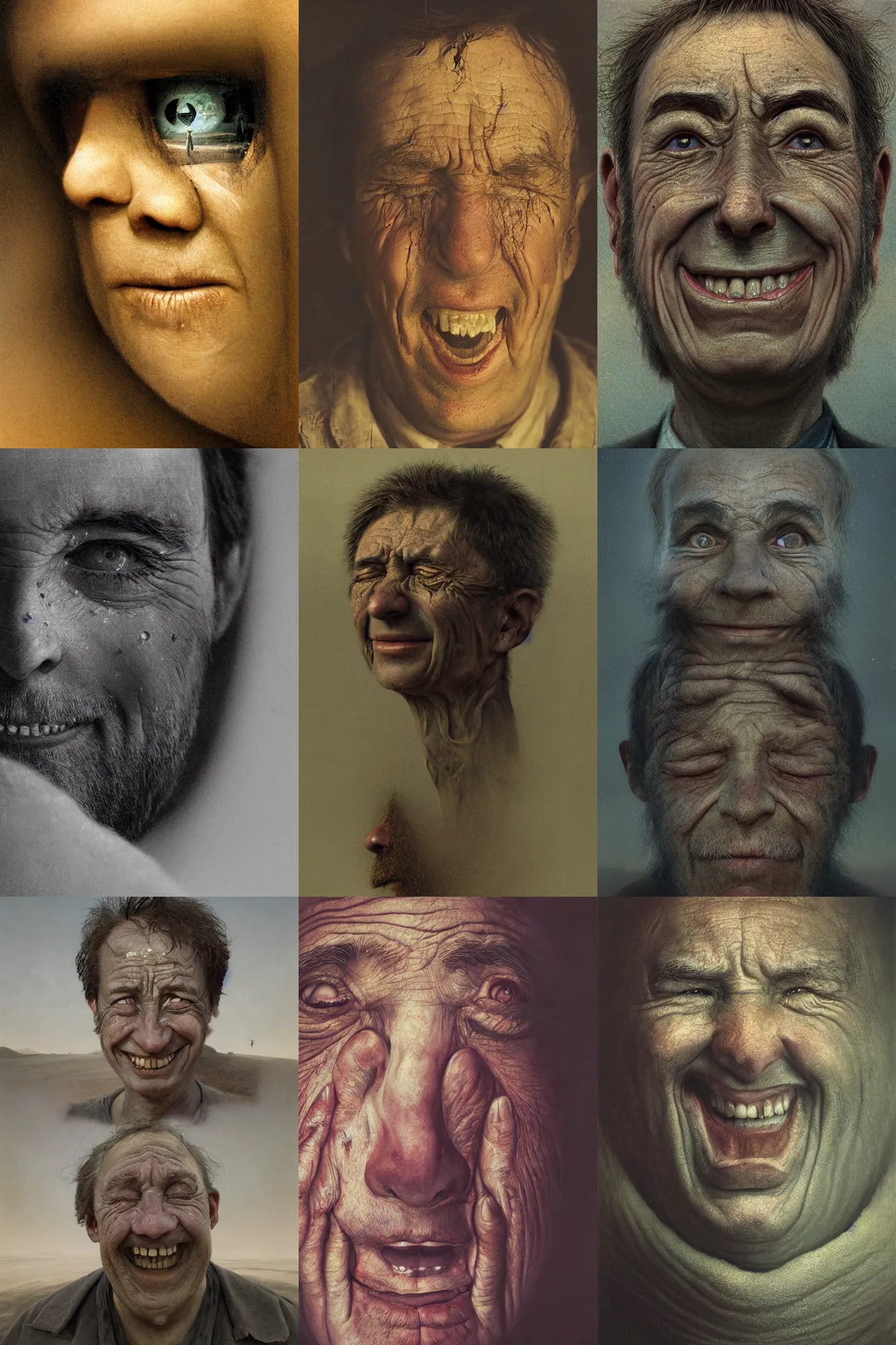 Image similar to close-up face portrait of a human crying and smiling, Les Edwards, Zdzislaw Beksinski, Carl Gustav Carus, John Harris, Michal Karcz, Zhang Kechun, Mikko Lagerstedt, Scott Listfield, Steven Outram, Jessica Rossier