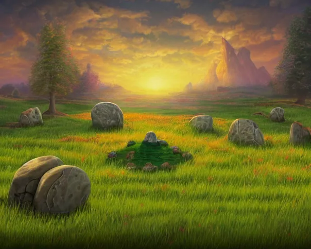 Prompt: empty grass field with a burned down small stone circle, at midday, from a fantasy themed point and click 2 d graphic adventure game, art inspired by thomas kinkade,