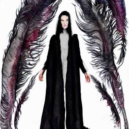 Image similar to full body detailed watercolor illustration of alien jennifer connelly mixed with anya taylor - joy, unsettling, hooded long black feathered cloak, uncanny valley, with black feathers instead of hair, gothic, tim burton, mike mignogna, gray mottled skin, space station - - ar 9 : 1 6