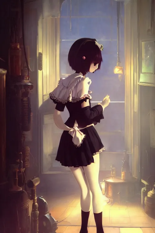 Image similar to a cute young Victorian maid with black bob cut hair, steampunk setting, vivid colors, soft lighting, atmospheric, cinematic, moody, in the style of Ilya Kuvshinov and Range Murata, Krenz Cushart, oil on canvas, 8k