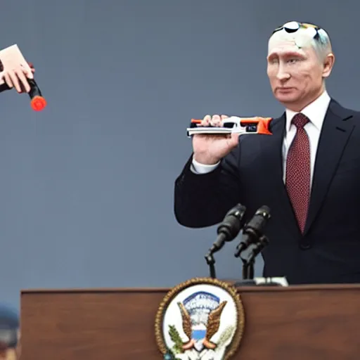 Prompt: photo of putin firing a water gun at biden face