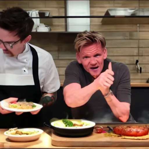 Prompt: Jacksepticeye cooks a 5 star meal, Gordon Ramsay is impressed and in shock