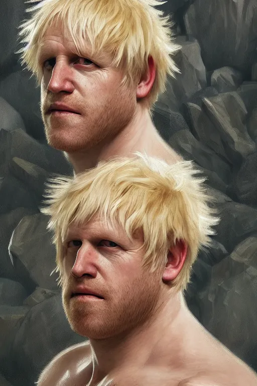 Image similar to portrait of boris johnson as a hairy blond hulking herculean demon, very pale skin, forest, godlike, full body, fantasy, intricate, elegant, highly detailed, digital painting, artstation, concept art, sharp focus, illustration, art by artgerm and greg rutkowski and alphonse mucha