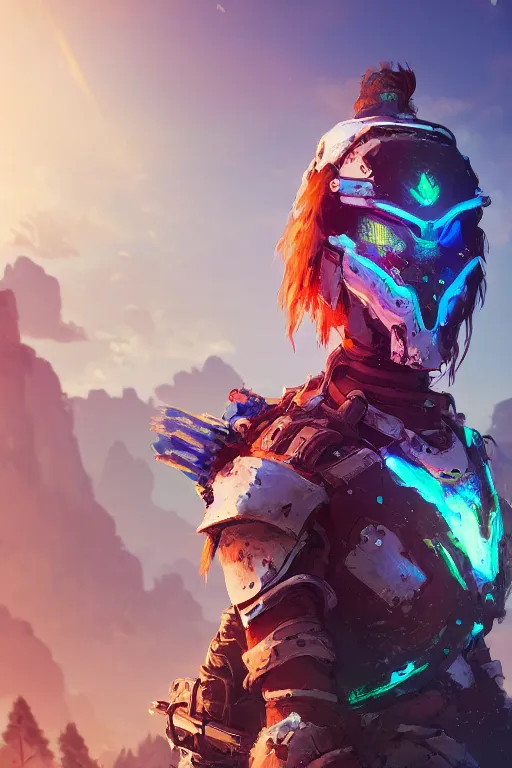 Image similar to combination suit armor aloy horizon forbidden west horizon zero dawn radiating a glowing aura global illumination ray tracing hdr fanart arstation by ian pesty and alena aenami artworks in 4 k tribal robot ninja mask helmet backpack