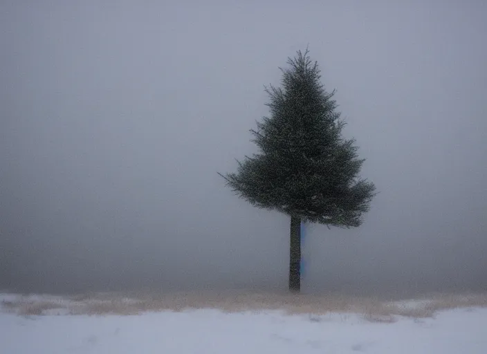 Prompt: a single fir tree in a desolate blizzard landscape, very foggy, out - of - focus lights in the background